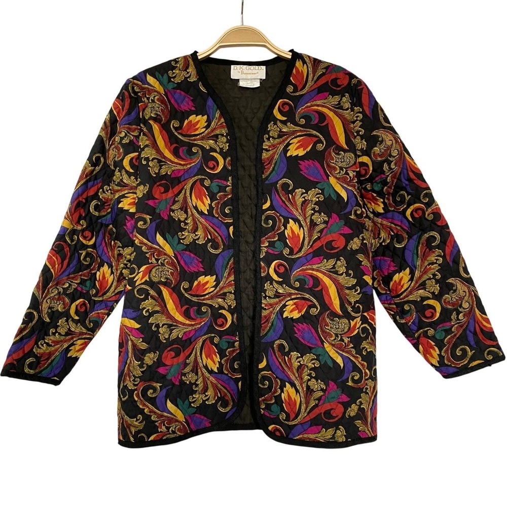 VTG 80s D.K. Gold DonnKenny Quilted Paisley Open Front Jacket Women M Multicolor